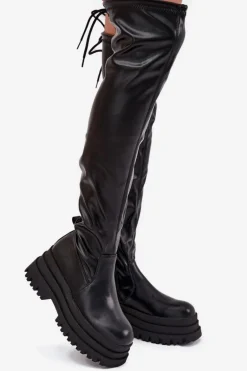 Kozaki Damskie Za Kolano Na Masywnej Platformie Czarne Erisna