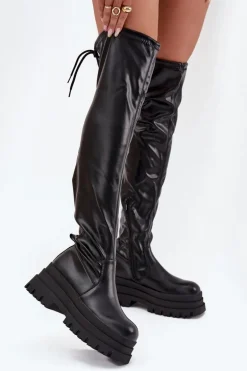 Kozaki Damskie Za Kolano Na Masywnej Platformie Czarne Erisna