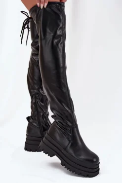 Kozaki Damskie Za Kolano Na Masywnej Platformie Czarne Erisna