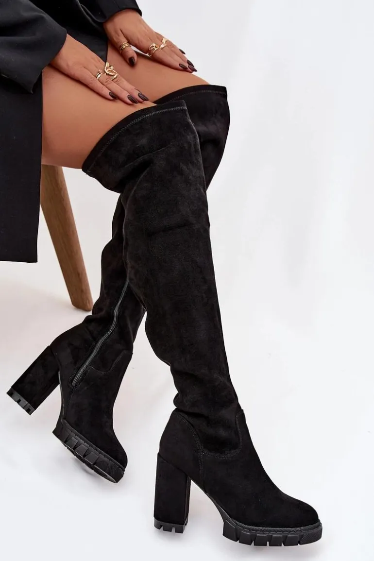 Kozaki Damskie Za Kolano Na Słupku Eko Zamszowe Czarne Tahlina