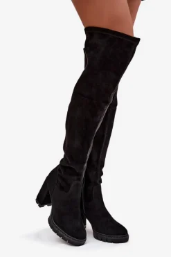 Kozaki Damskie Za Kolano Na Słupku Eko Zamszowe Czarne Tahlina