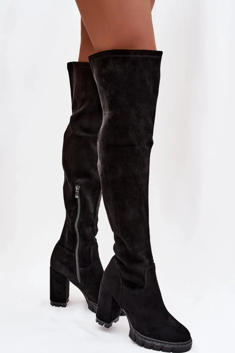 Kozaki Damskie Za Kolano Na Słupku Eko Zamszowe Czarne Tahlina
