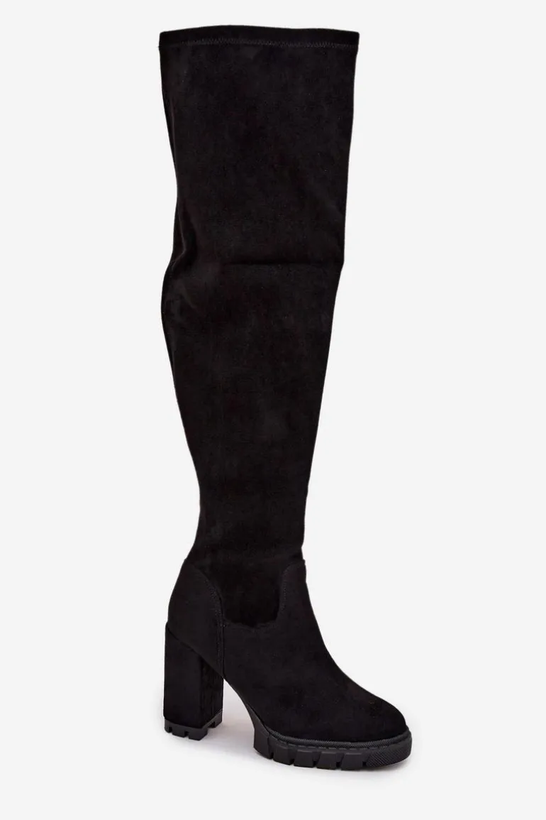 Kozaki Damskie Za Kolano Na Słupku Eko Zamszowe Czarne Tahlina