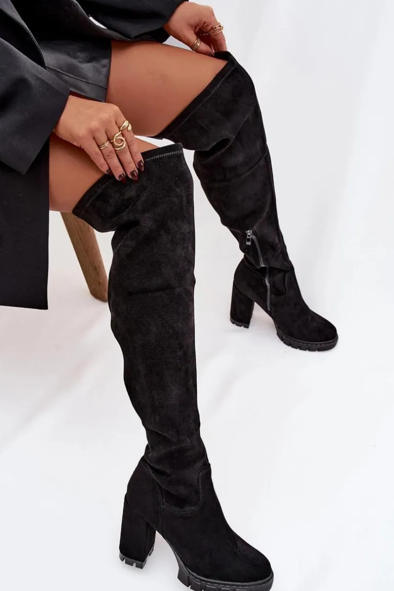 Kozaki Damskie Za Kolano Na Słupku Eko Zamszowe Czarne Tahlina