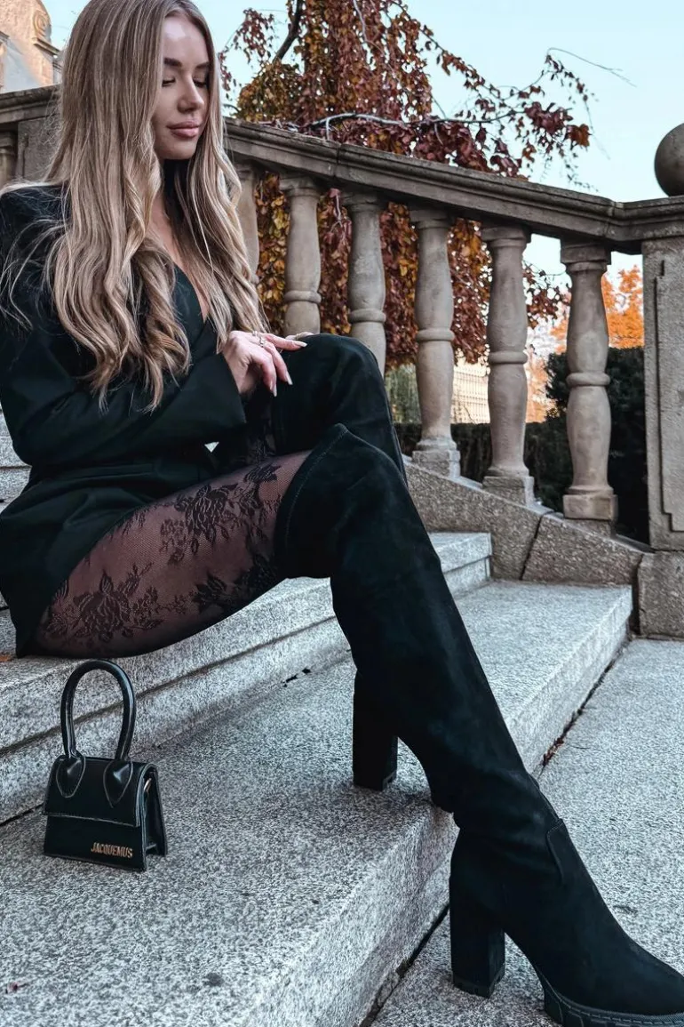 Kozaki Damskie Za Kolano Na Słupku Eko Zamszowe Czarne Tahlina