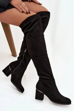 Kozaki Damskie Za Kolano Na Słupku Z Eko Zamszu Czarne Zaretta