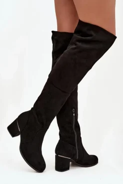 Kozaki Damskie Za Kolano Na Słupku Z Eko Zamszu Czarne Zaretta