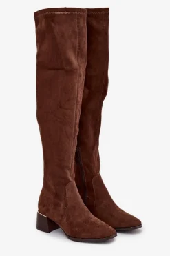 Kozaki Damskie Za Kolano Na Obcasie Ze Złotym Detalem Brązowe Carina