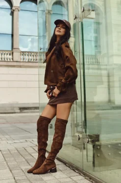 Kozaki Damskie Za Kolano Na Obcasie Ze Złotym Detalem Brązowe Carina