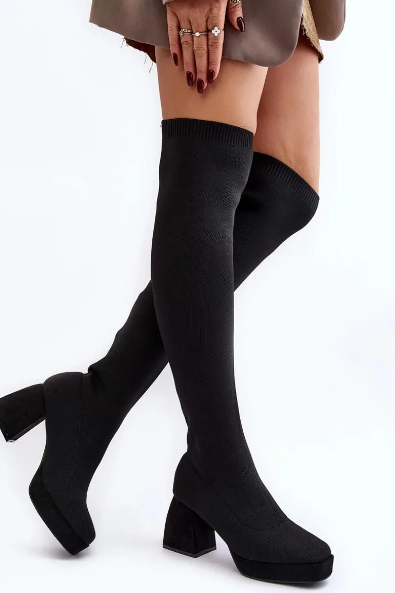 Kozaki Damskie Za Kolano Na Platformie I Obcasie Czarne Manaliis