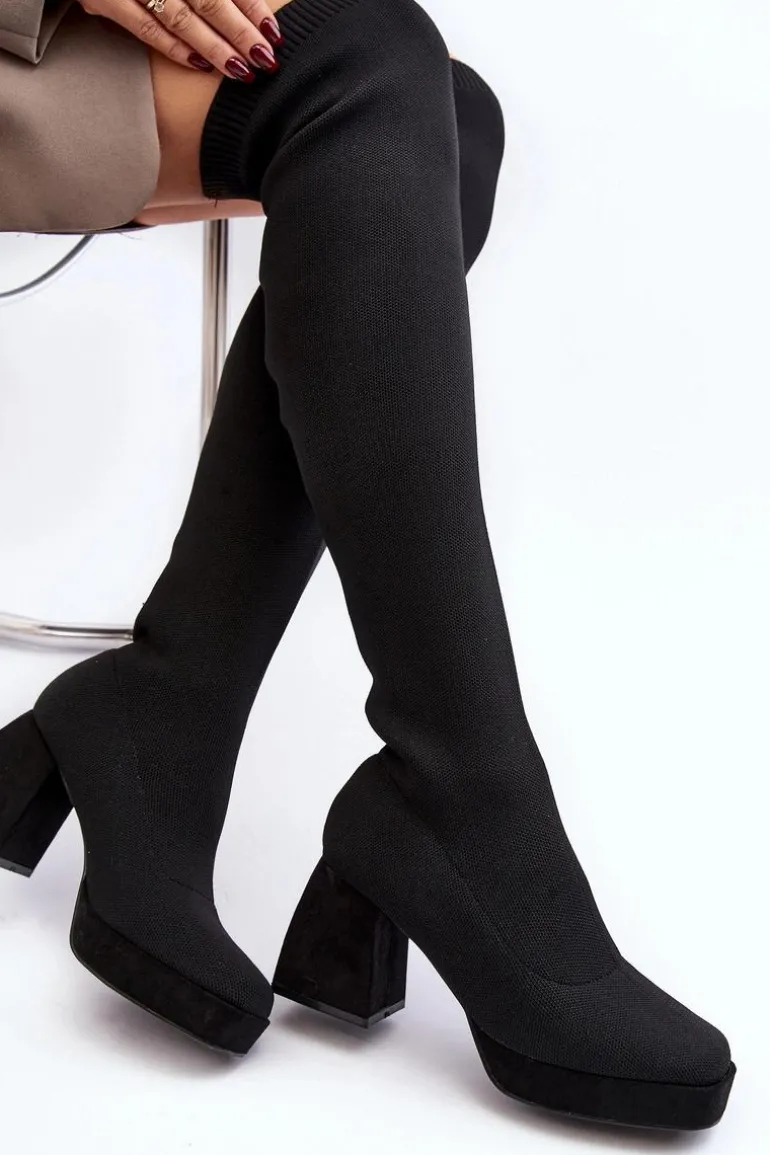 Kozaki Damskie Za Kolano Na Platformie I Obcasie Czarne Manaliis