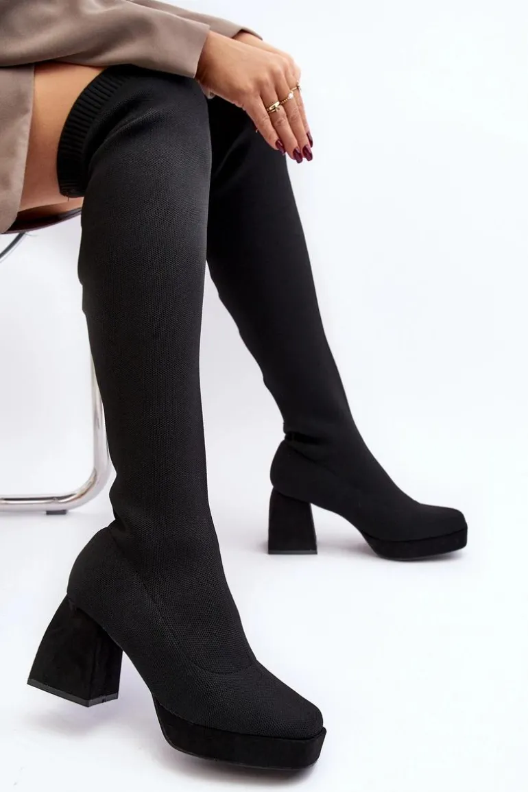 Kozaki Damskie Za Kolano Na Platformie I Obcasie Czarne Manaliis