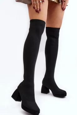 Kozaki Damskie Za Kolano Na Platformie I Obcasie Czarne Manaliis