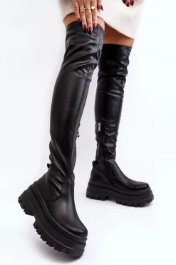 Kozaki Damskie Za Kolano Na Masywnej Podeszwie Czarne Chinasa