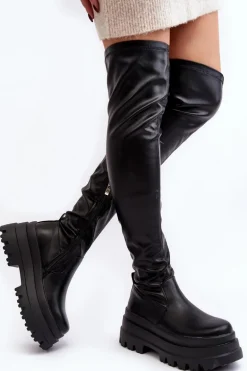 Kozaki Damskie Za Kolano Na Masywnej Podeszwie Czarne Chinasa