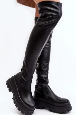 Kozaki Damskie Za Kolano Na Masywnej Podeszwie Czarne Chinasa