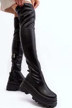 Kozaki Damskie Za Kolano Na Masywnej Podeszwie Czarne Chinasa