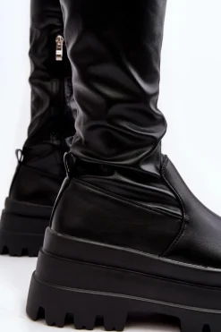 Kozaki Damskie Za Kolano Na Masywnej Podeszwie Czarne Chinasa