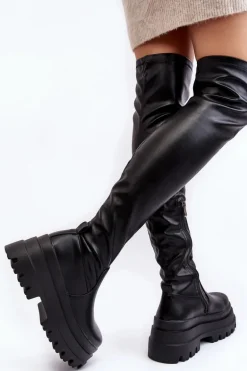 Kozaki Damskie Za Kolano Na Masywnej Podeszwie Czarne Chinasa