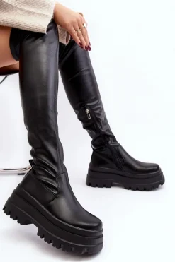Kozaki Damskie Za Kolano Na Masywnej Podeszwie Czarne Chinasa