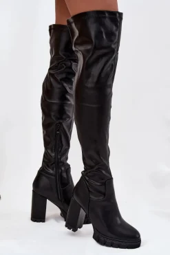 Kozaki Damskie Za Kolano Na Słupku Eko Skórzane Czarne Tahlina