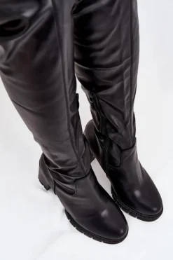 Kozaki Damskie Za Kolano Na Słupku Eko Skórzane Czarne Tahlina