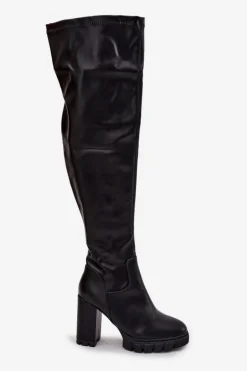 Kozaki Damskie Za Kolano Na Słupku Eko Skórzane Czarne Tahlina