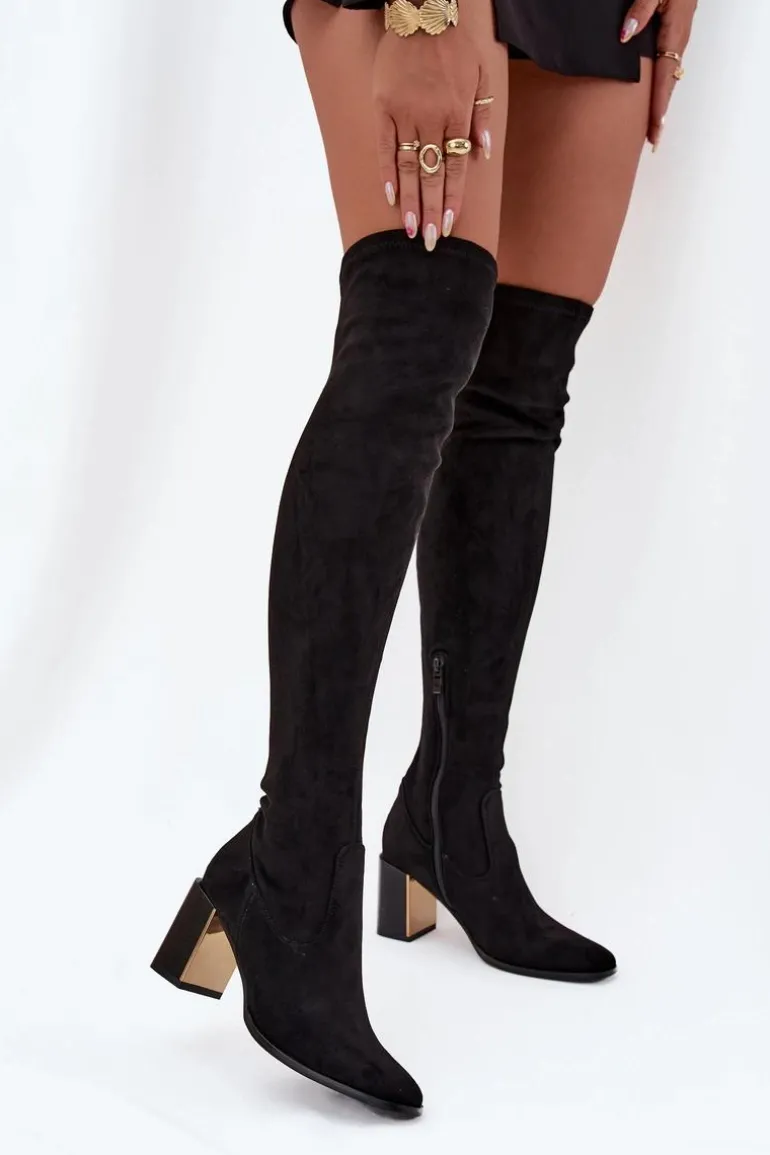 Kozaki Damskie Za Kolano Na Słupku Eko Zamszowe Czarne Jelina