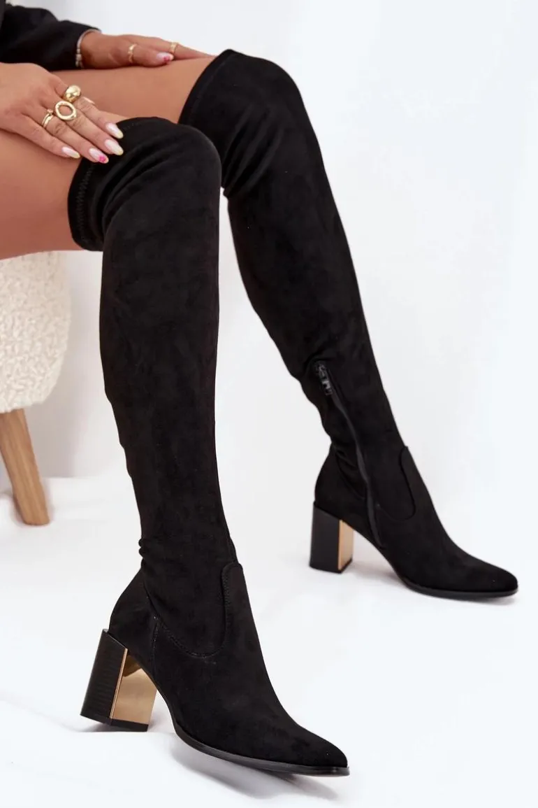 Kozaki Damskie Za Kolano Na Słupku Eko Zamszowe Czarne Jelina