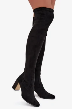 Kozaki Damskie Za Kolano Na Słupku Eko Zamszowe Czarne Jelina