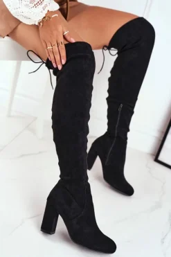 Kozaki Damskie Zamszowe Na Słupku Czarne Highso