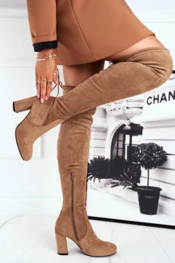 Kozaki Damskie Zamszowe Na Słupku Beżowe Highso