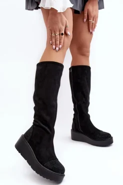 Kozaki Damskie Zamszowe Na Platformie S.Barski HY53-8 Czarne