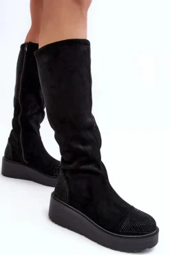 Kozaki Damskie Zamszowe Na Platformie S.Barski HY53-8 Czarne