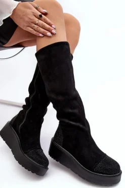 Kozaki Damskie Zamszowe Na Platformie S.Barski HY53-8 Czarne
