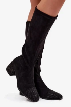 Kozaki Damskie Ze Zdobieniem Na Klocku Eko Zamszowe Czarne Ivanna