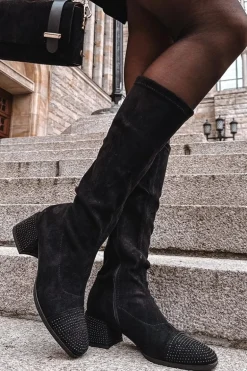 Kozaki Damskie Ze Zdobieniem Na Klocku Eko Zamszowe Czarne Ivanna