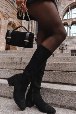 Kozaki Damskie Ze Zdobieniem Na Klocku Eko Zamszowe Czarne Ivanna