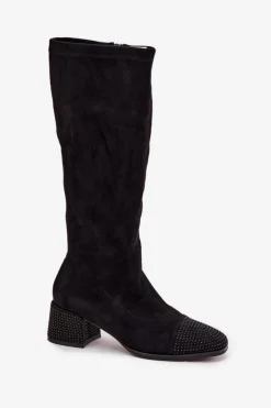 Kozaki Damskie Ze Zdobieniem Na Klocku Eko Zamszowe Czarne Ivanna