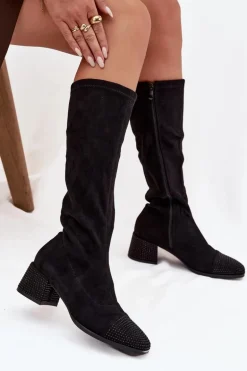 Kozaki Damskie Ze Zdobieniem Na Klocku Eko Zamszowe Czarne Ivanna