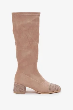 Kozaki Damskie Ze Zdobieniem Na Klocku Eko Zamszowe Beżowe Ivanna