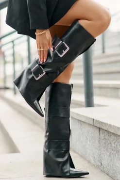 Kozaki Do Kolana Na Koturnie Z Wywiniętą Cholewką I Klamrami Tamirla