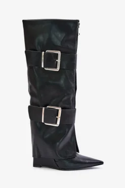 Kozaki Do Kolana Na Koturnie Z Wywiniętą Cholewką I Klamrami Tamirla