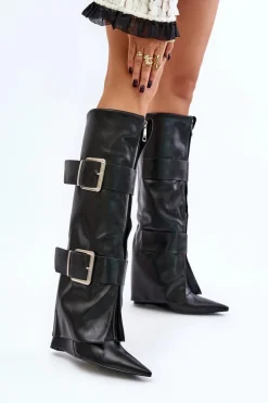 Kozaki Do Kolana Na Koturnie Z Wywiniętą Cholewką I Klamrami Tamirla