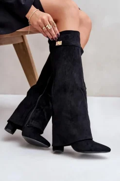 Kozaki Eko Zamszowe Obcas Słupek Na Zamek Ocieplane Wywinięta Cholewka Beżowe Evyra