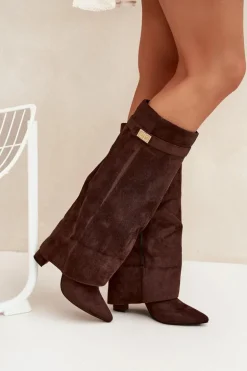 Kozaki Eko Zamszowe Obcas Słupek Na Zamek Ocieplane Wywinięta Cholewka Czekoladowe Evyra