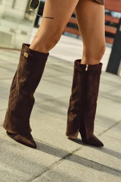 Kozaki Eko Zamszowe Obcas Słupek Na Zamek Ocieplane Wywinięta Cholewka Czekoladowe Evyra