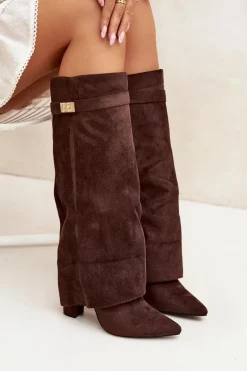 Kozaki Eko Zamszowe Obcas Słupek Na Zamek Ocieplane Wywinięta Cholewka Czekoladowe Evyra