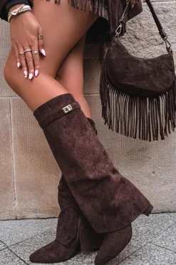 Kozaki Eko Zamszowe Obcas Słupek Na Zamek Ocieplane Wywinięta Cholewka Czekoladowe Evyra