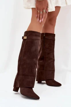Kozaki Eko Zamszowe Obcas Słupek Na Zamek Ocieplane Wywinięta Cholewka Czekoladowe Evyra
